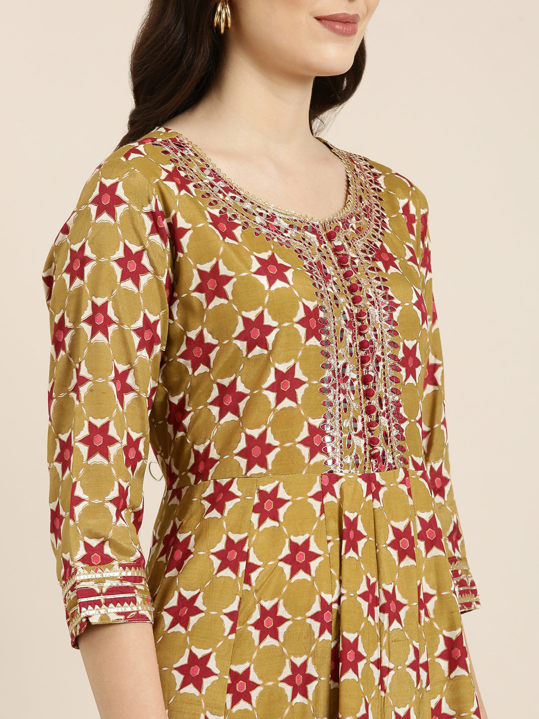 Women Khaki Geometrical Anarkali Kurta