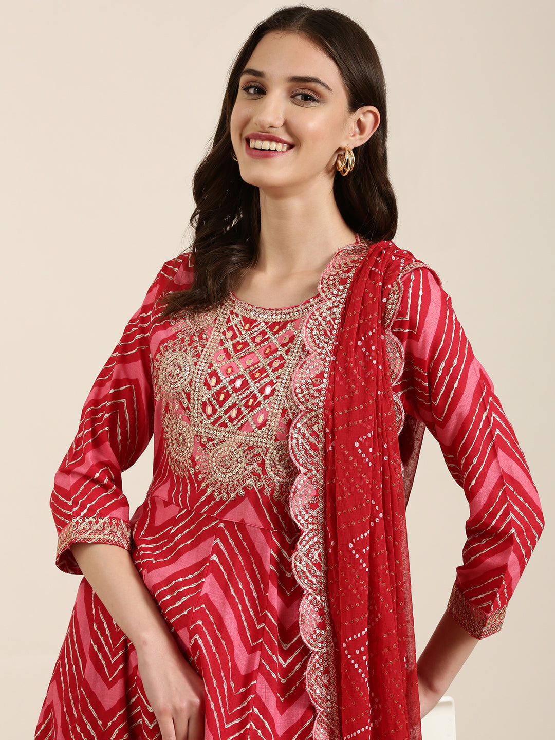 Women's Red Chevron Printed Empire Thread Work Kurta Set With Dupatta