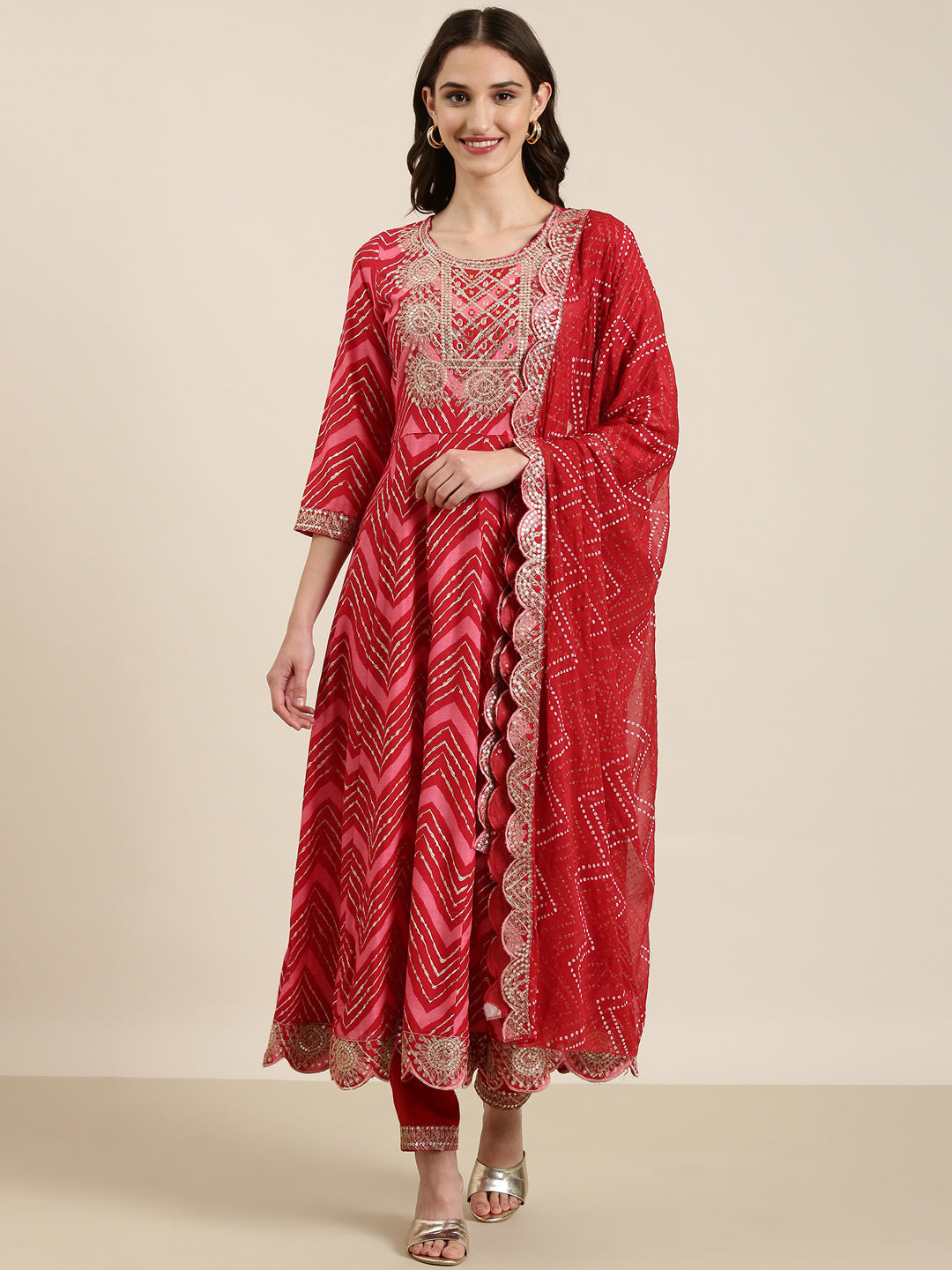 Women's Red Chevron Printed Empire Thread Work Kurta Set With Dupatta
