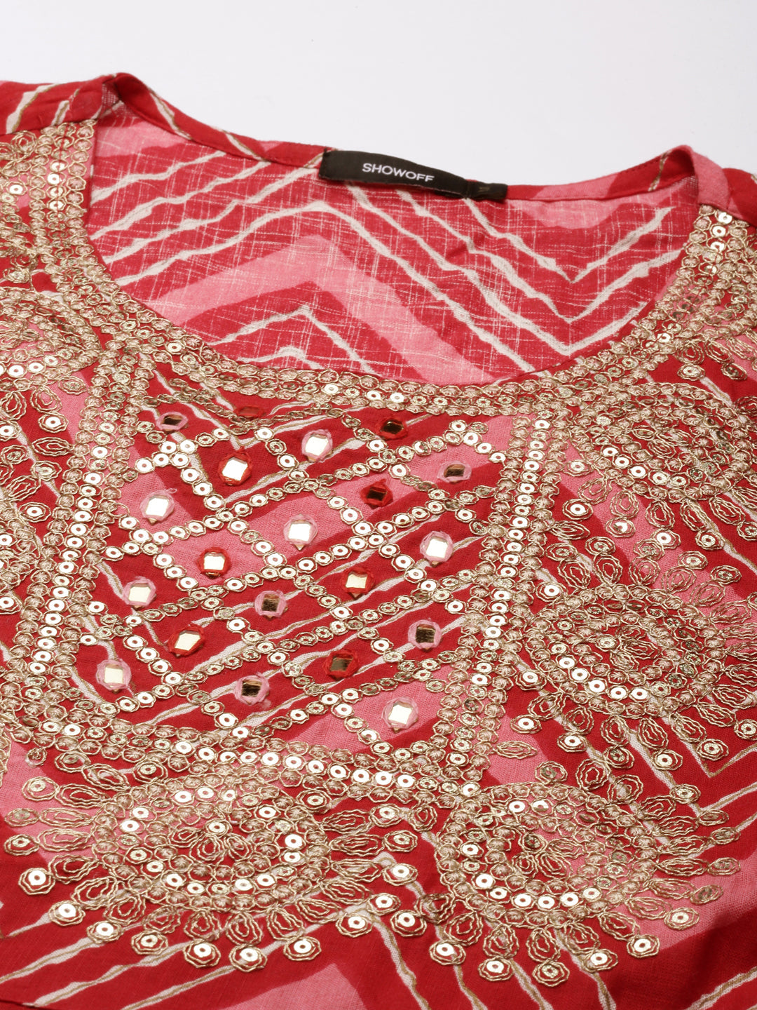 Women's Red Chevron Printed Empire Thread Work Kurta Set With Dupatta