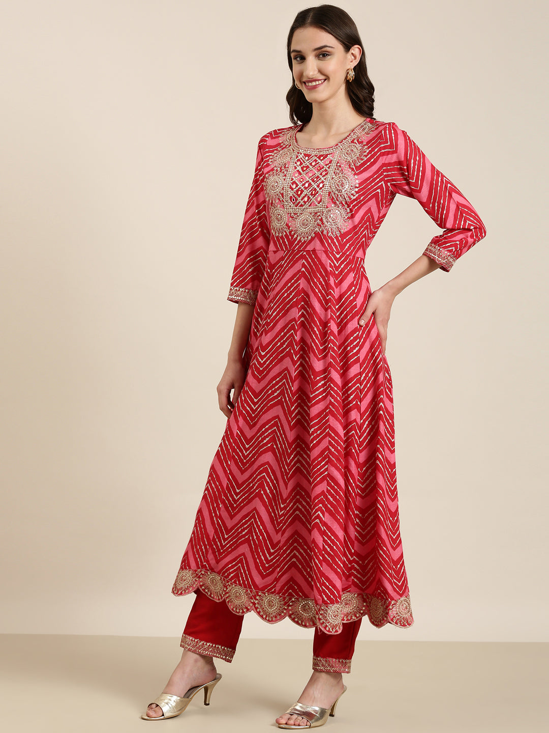 Women's Red Chevron Printed Empire Thread Work Kurta Set With Dupatta
