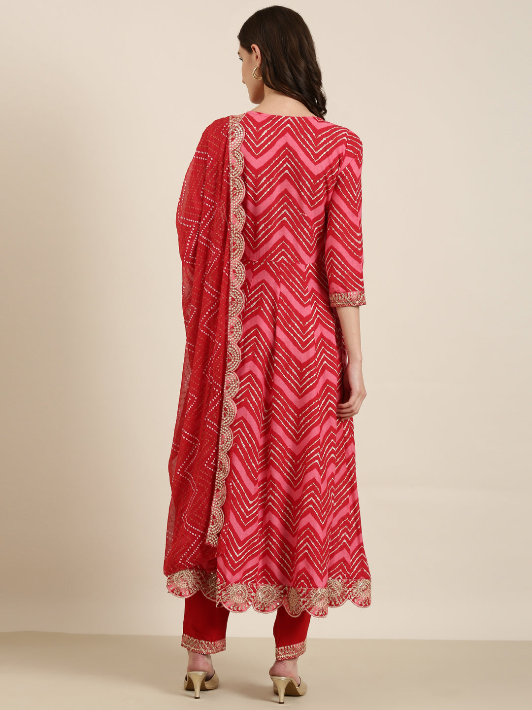 Women's Red Chevron Printed Empire Thread Work Kurta Set With Dupatta