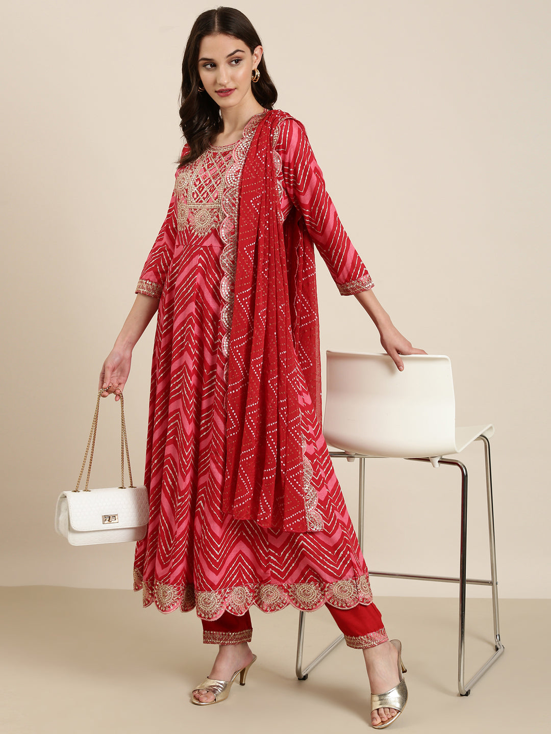 Women's Red Chevron Printed Empire Thread Work Kurta Set With Dupatta