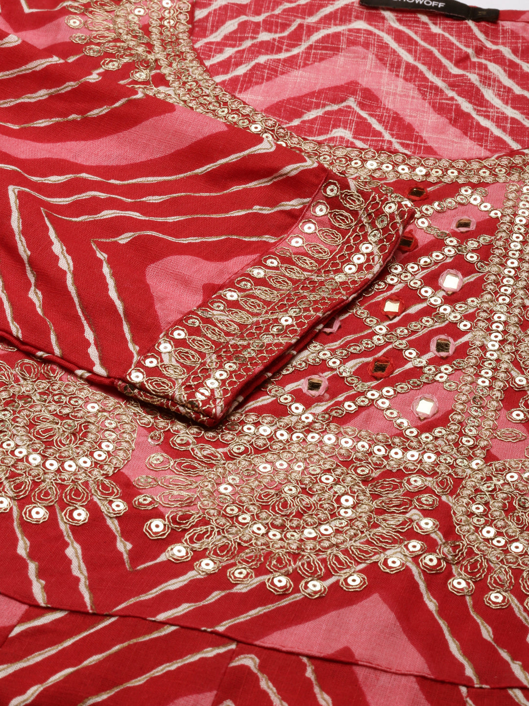Women's Red Chevron Printed Empire Thread Work Kurta Set With Dupatta