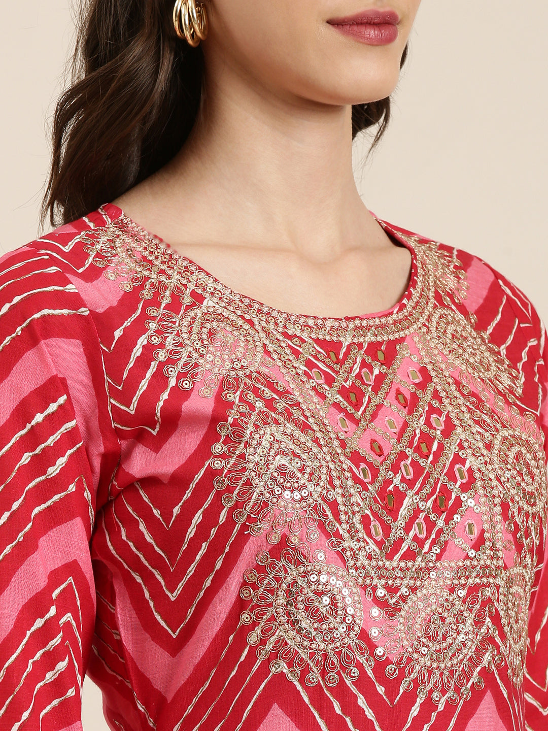 Women's Red Chevron Printed Empire Thread Work Kurta Set With Dupatta