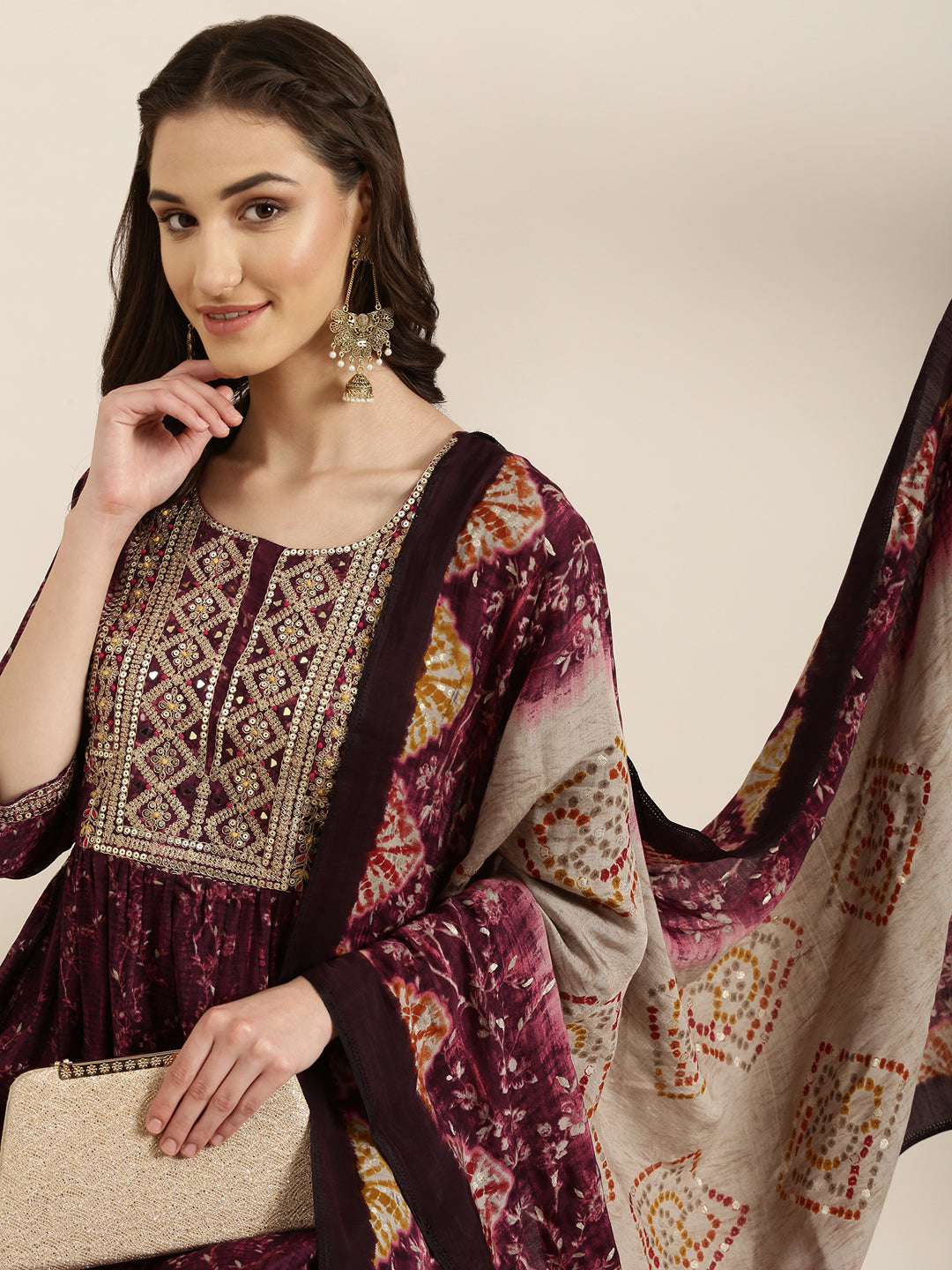 Women's Purple Floral Yoke Design Sequinned A Line Kurta Set With Dupatta