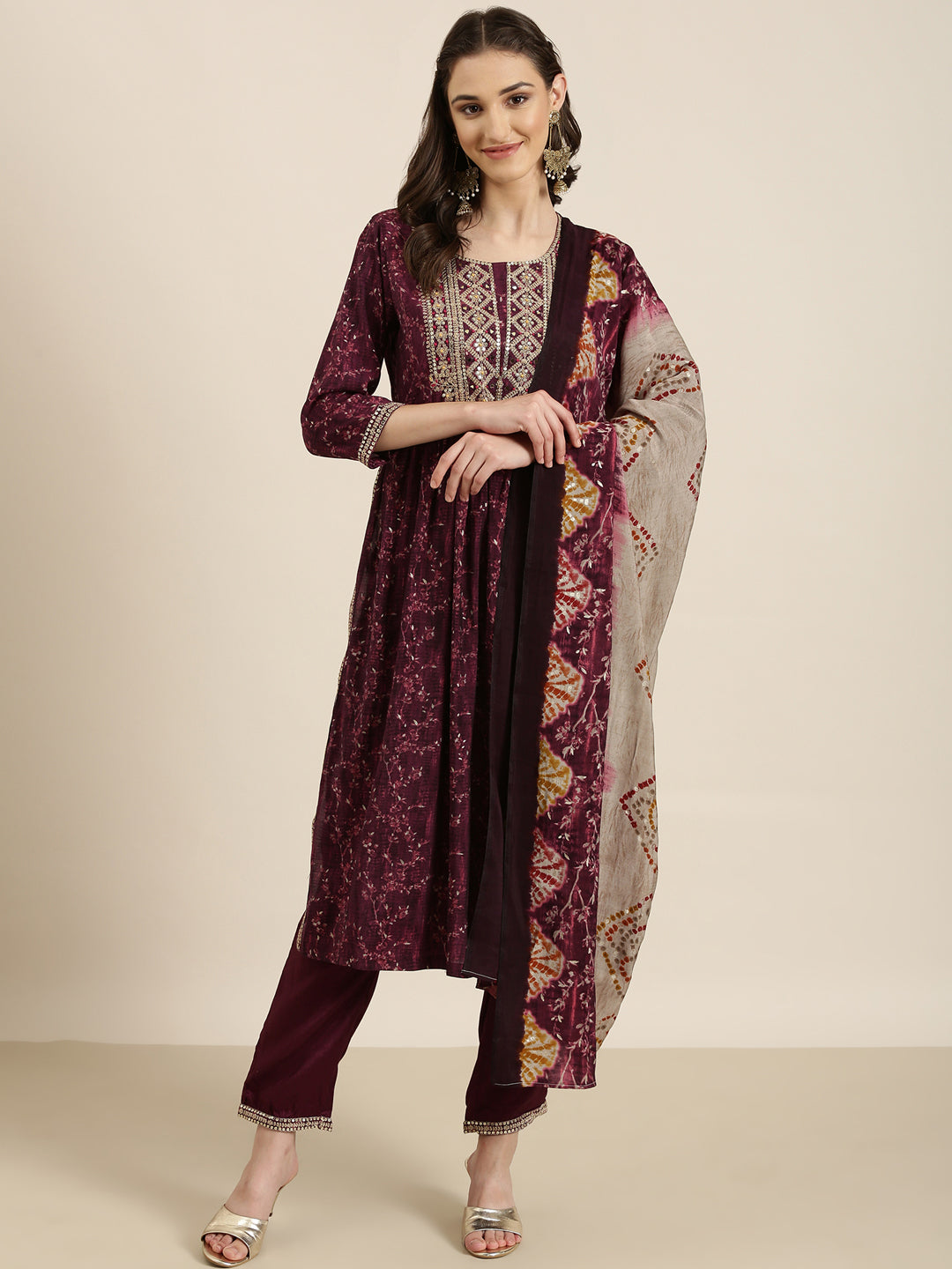 Women's Purple Floral Yoke Design Sequinned A Line Kurta Set With Dupatta