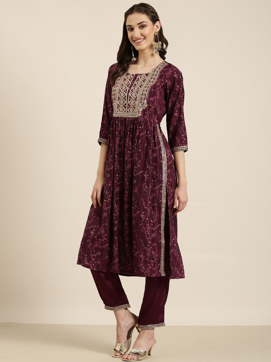 Women's Purple Floral Yoke Design Sequinned A Line Kurta Set With Dupatta