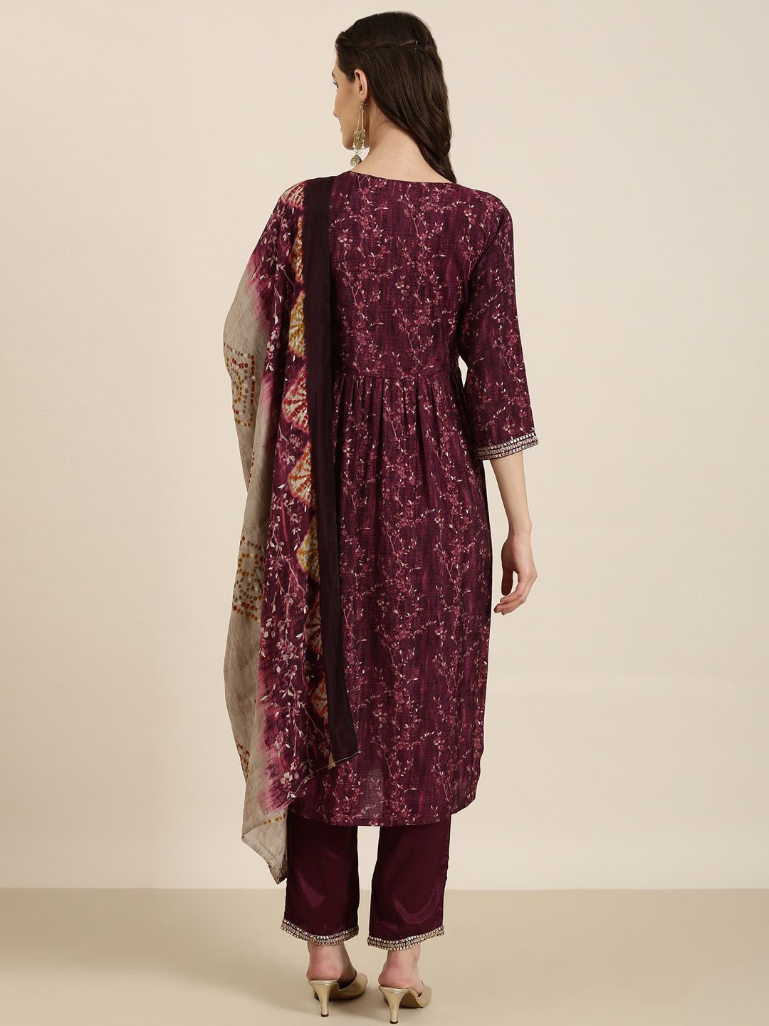 Women's Purple Floral Yoke Design Sequinned A Line Kurta Set With Dupatta