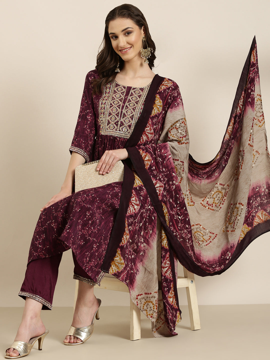 Women's Purple Floral Yoke Design Sequinned A Line Kurta Set With Dupatta