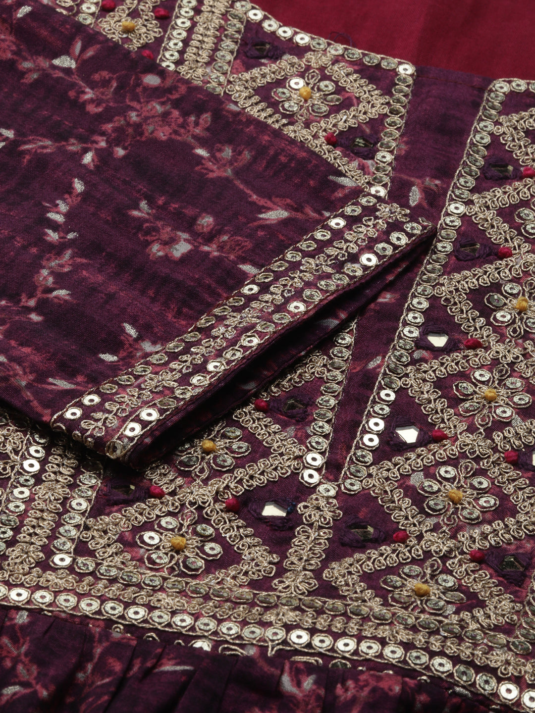 Women's Purple Floral Yoke Design Sequinned A Line Kurta Set With Dupatta