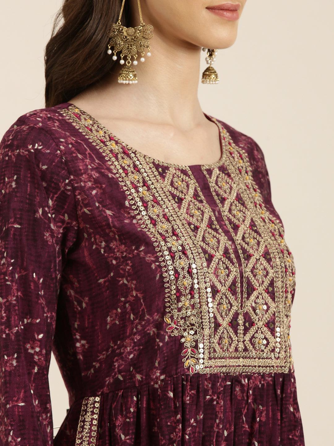 Women's Purple Floral Yoke Design Sequinned A Line Kurta Set With Dupatta