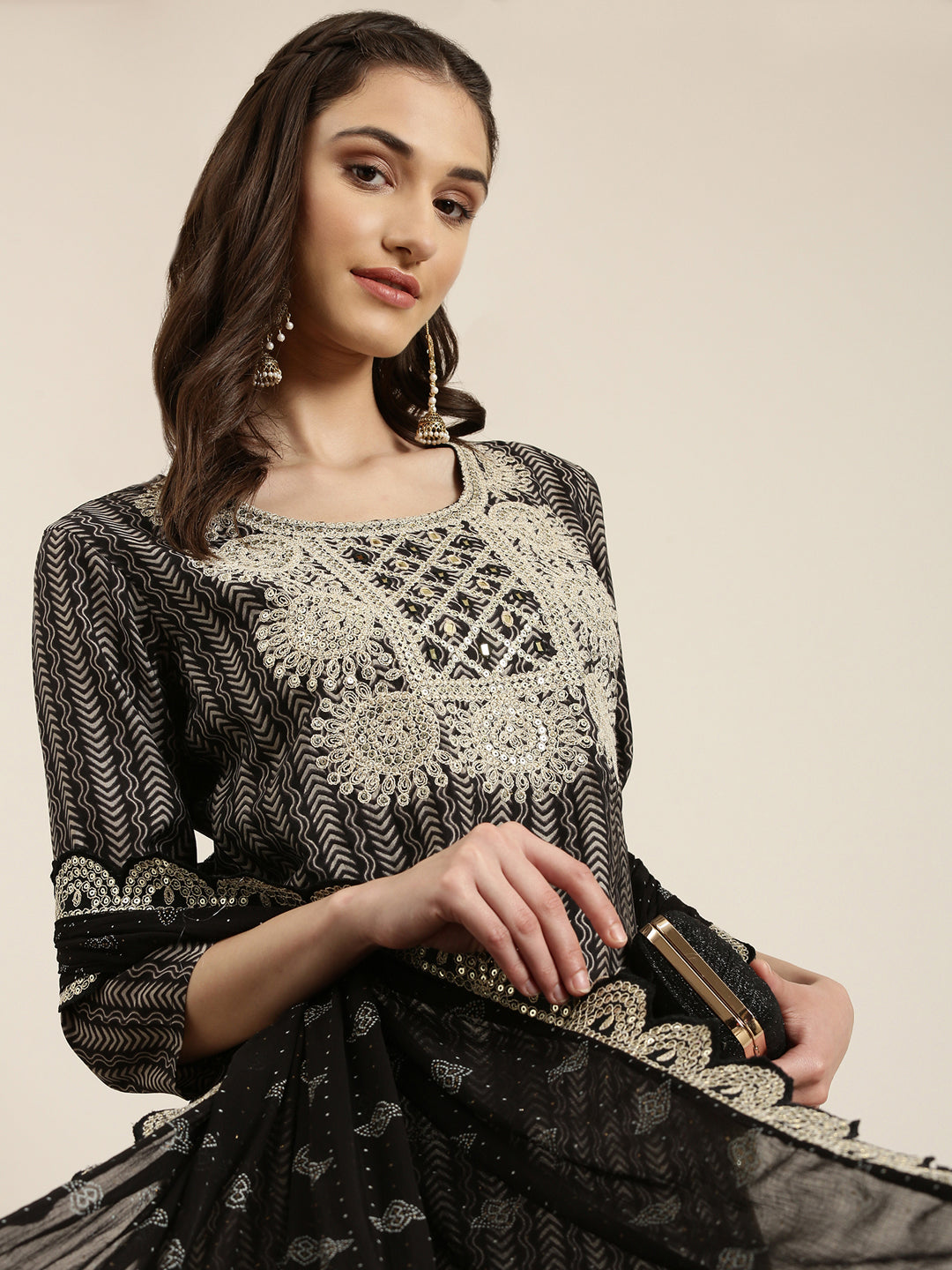 Women Black Chevron Kurta Set