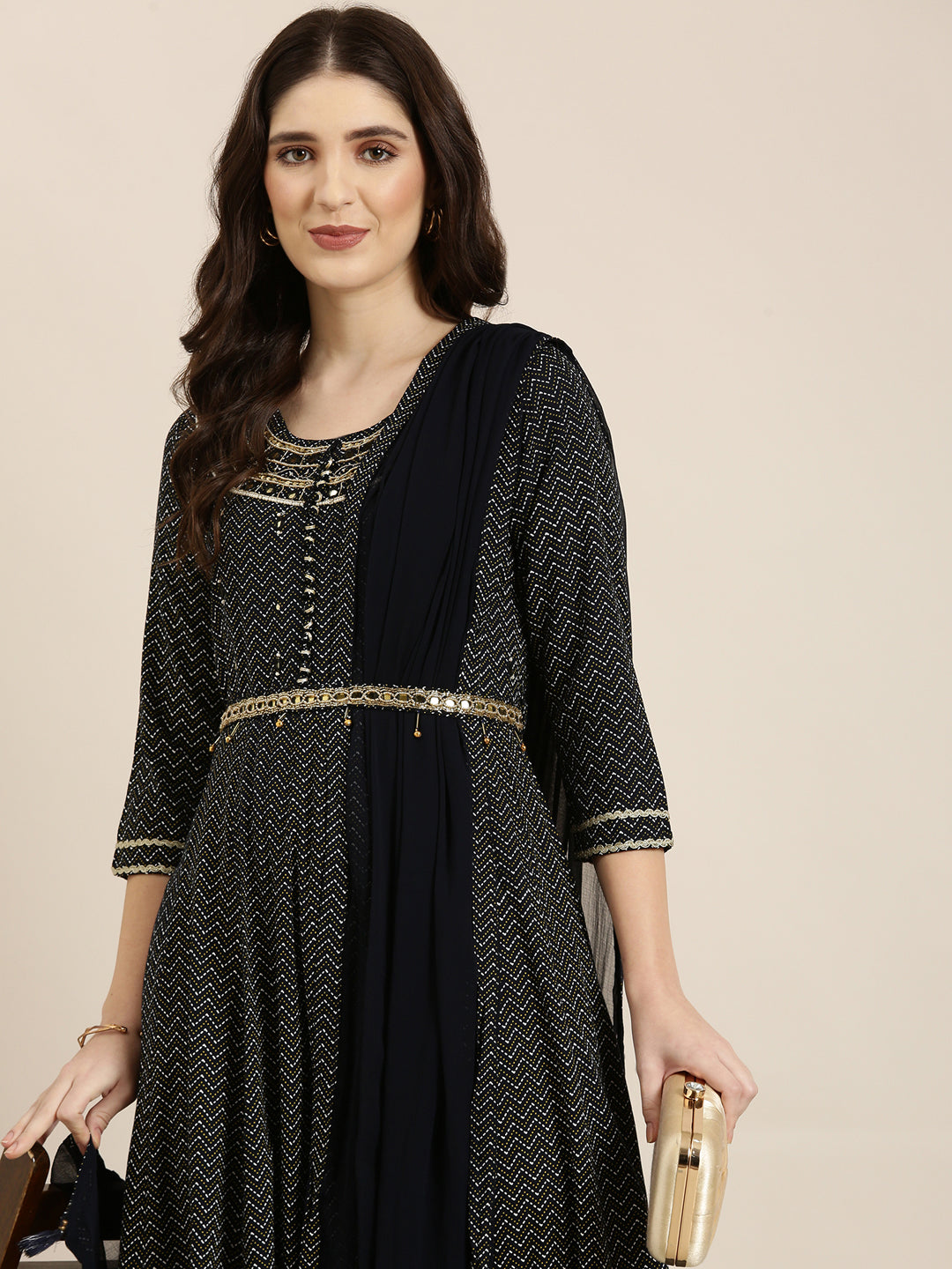 Women Navy Blue Chevron Anarkali Kurta