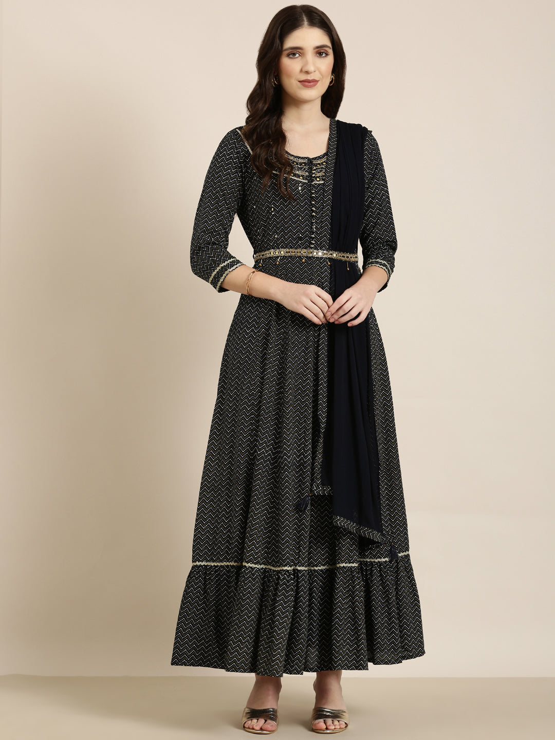 Women Navy Blue Chevron Anarkali Kurta