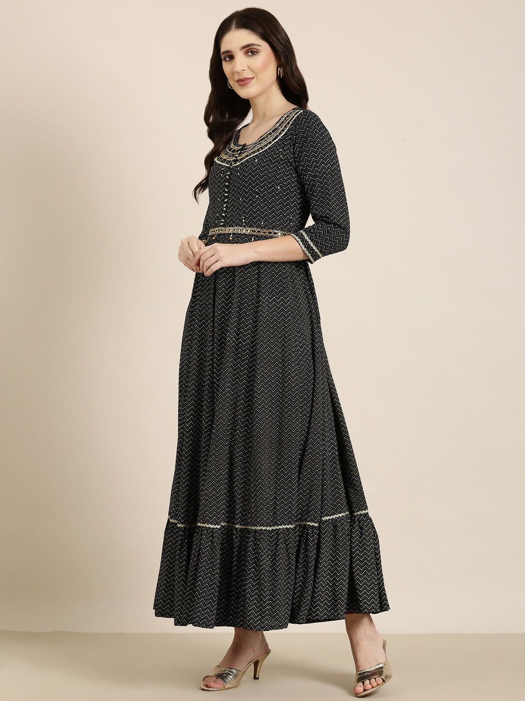 Women Navy Blue Chevron Anarkali Kurta