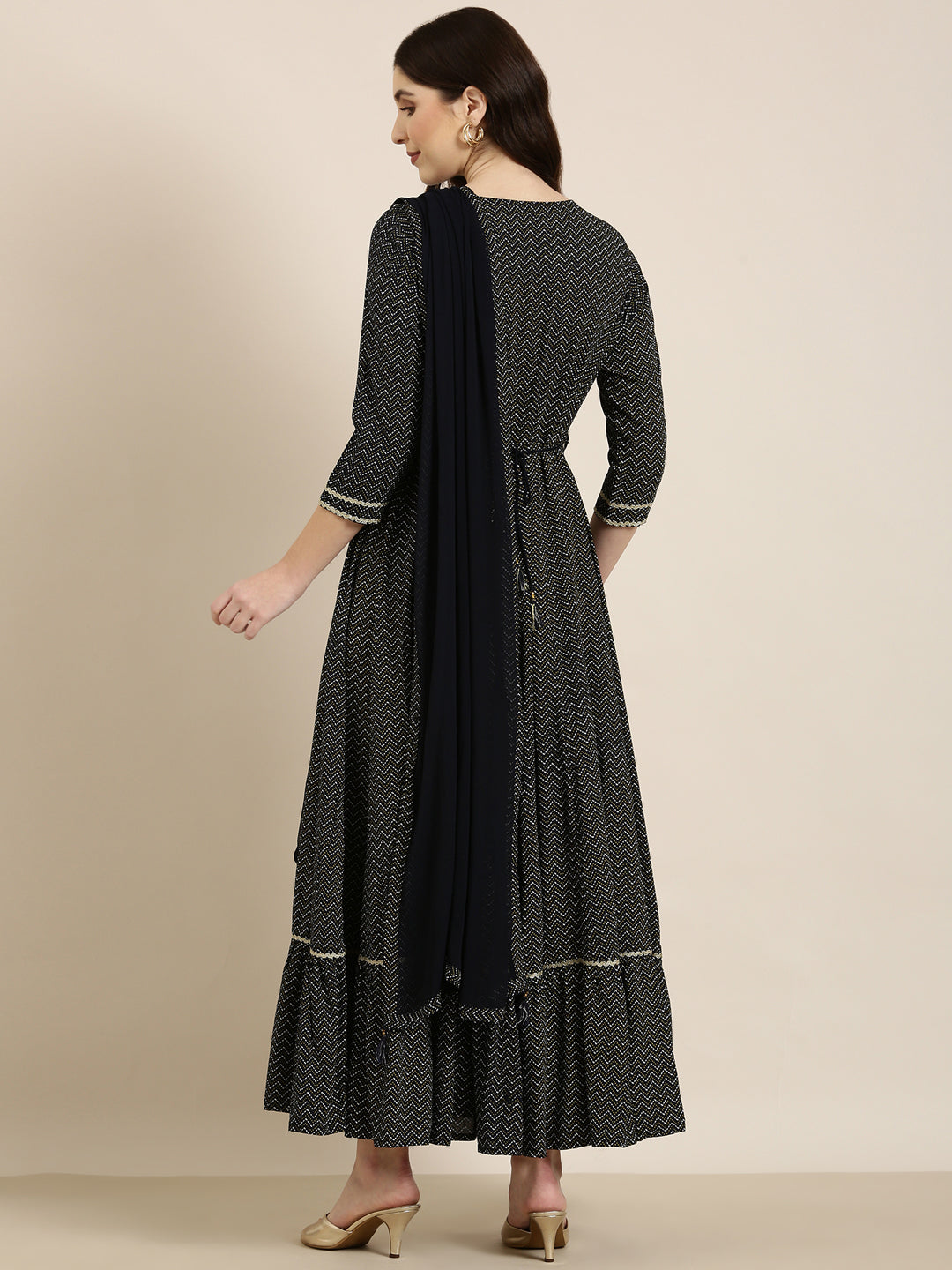 Women Navy Blue Chevron Anarkali Kurta