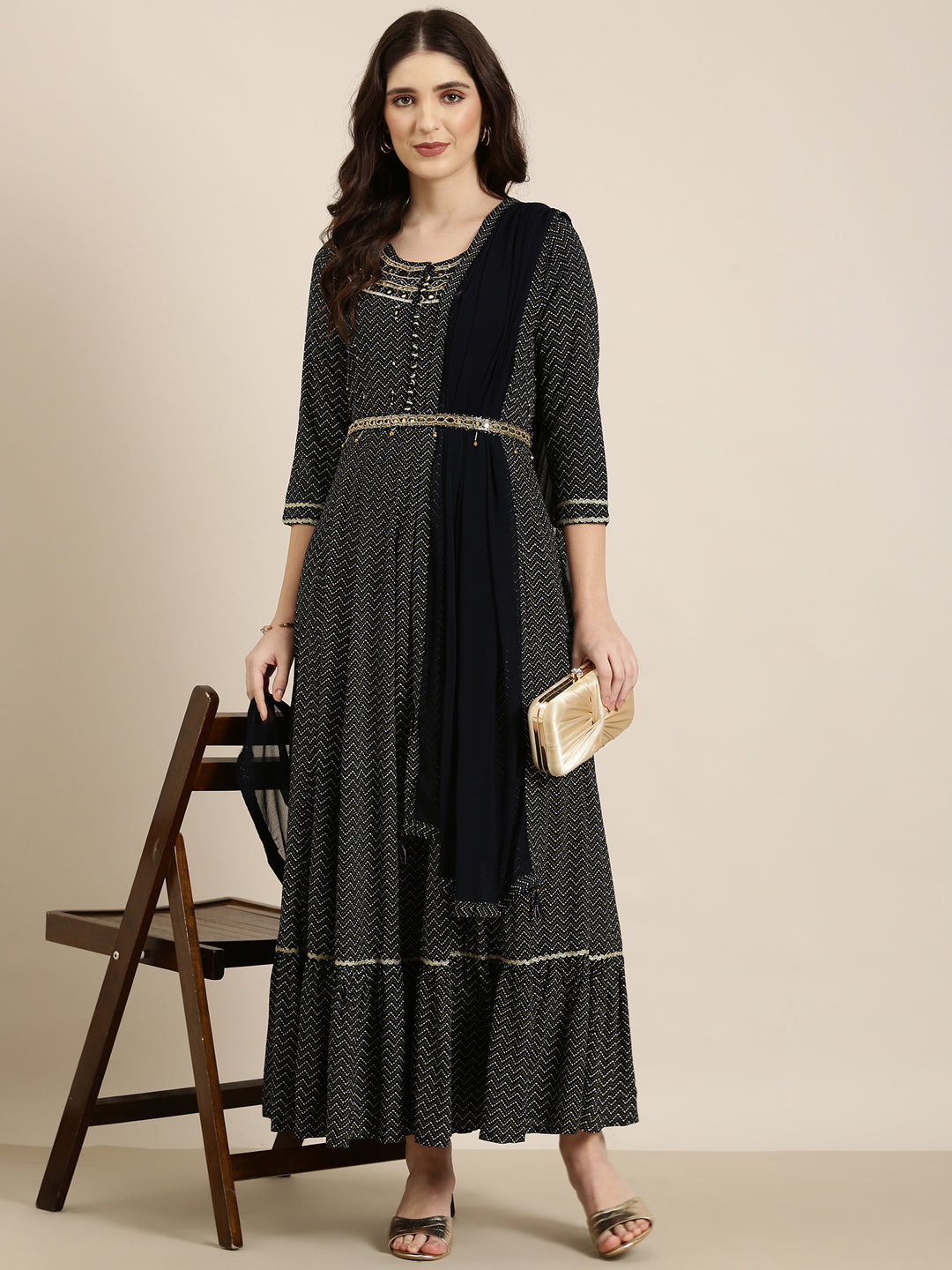 Women Navy Blue Chevron Anarkali Kurta