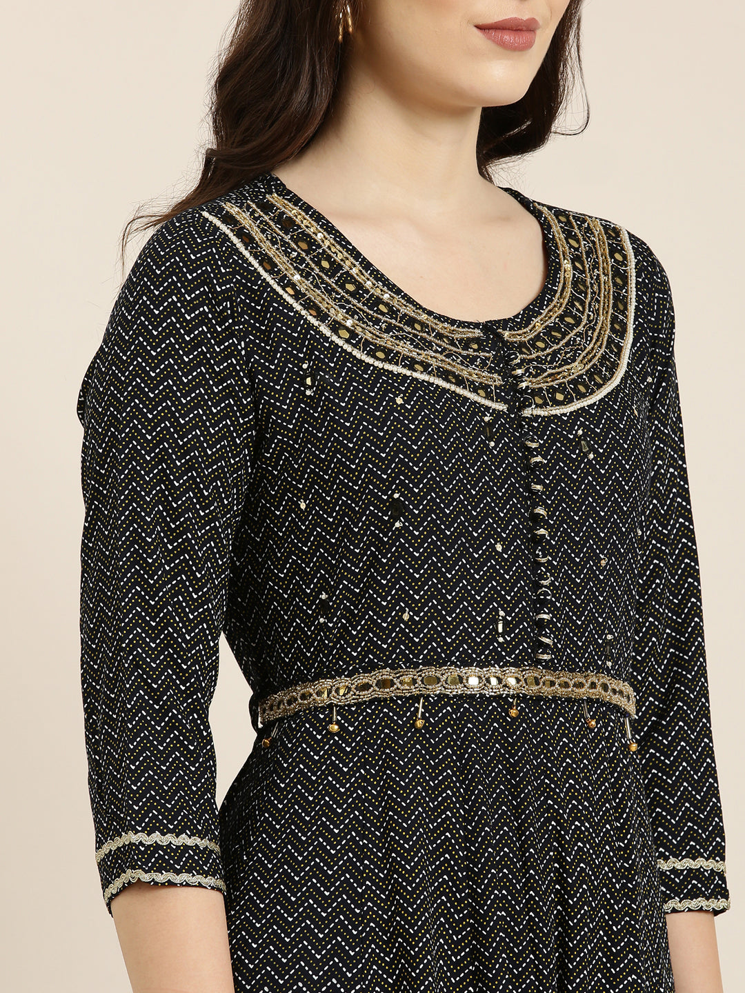 Women Navy Blue Chevron Anarkali Kurta