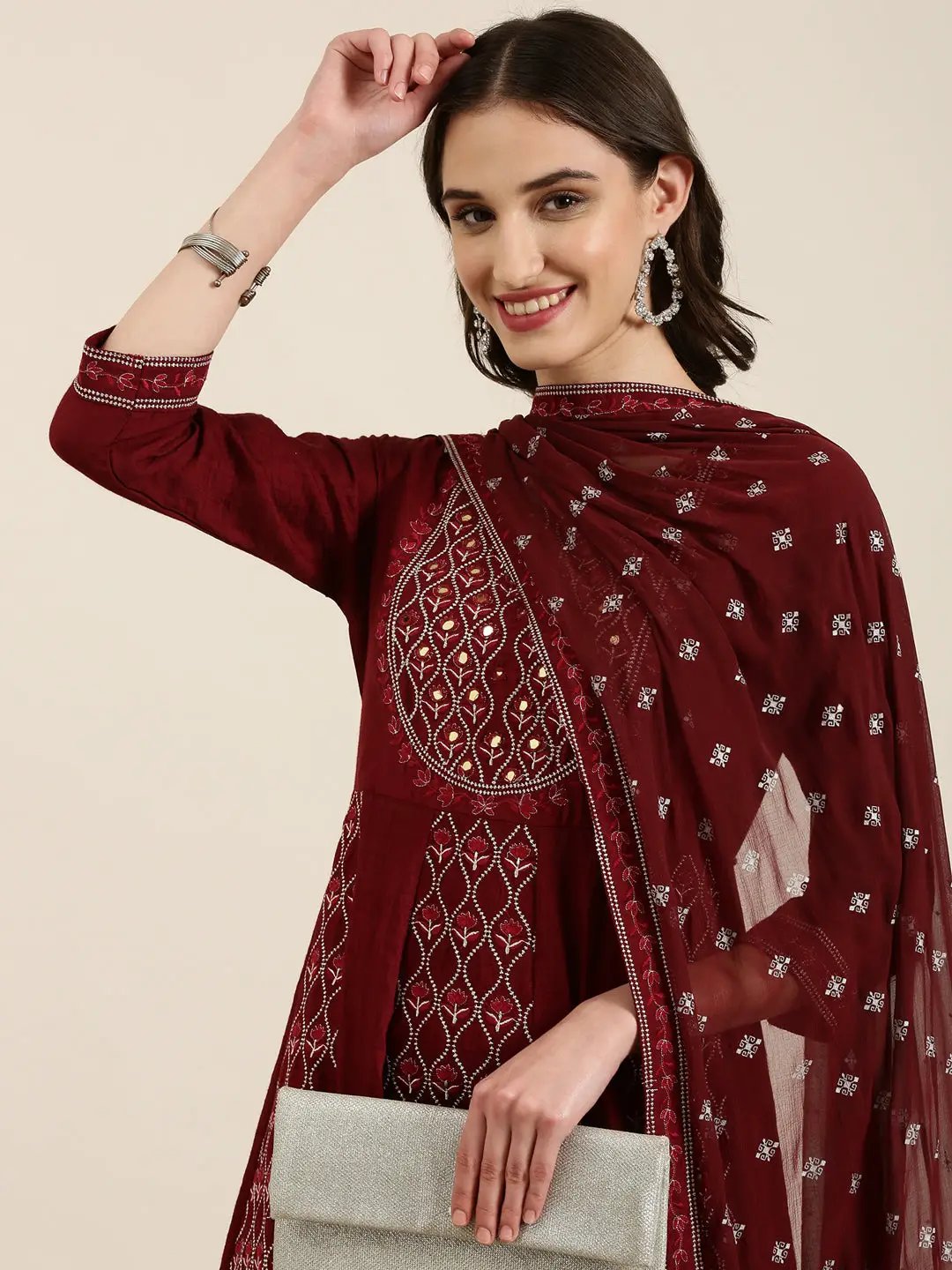 Women's Maroon Floral Kurta Set