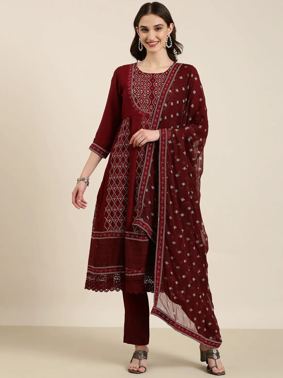 Women's Maroon Floral Kurta Set