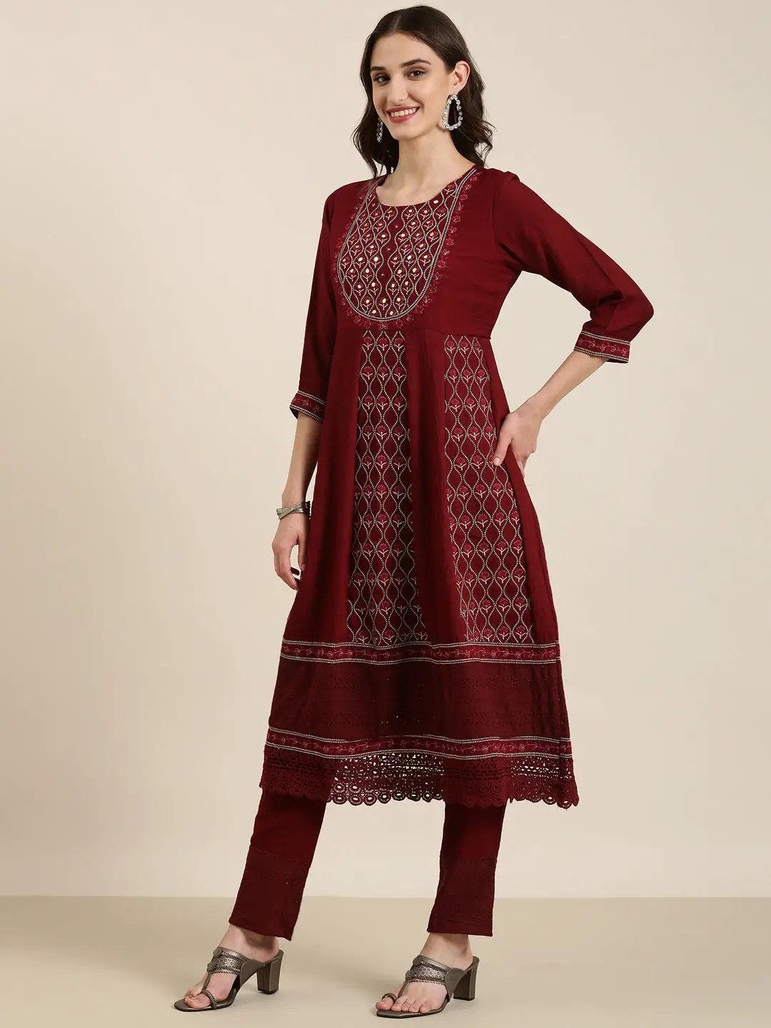 Women's Maroon Floral Kurta Set