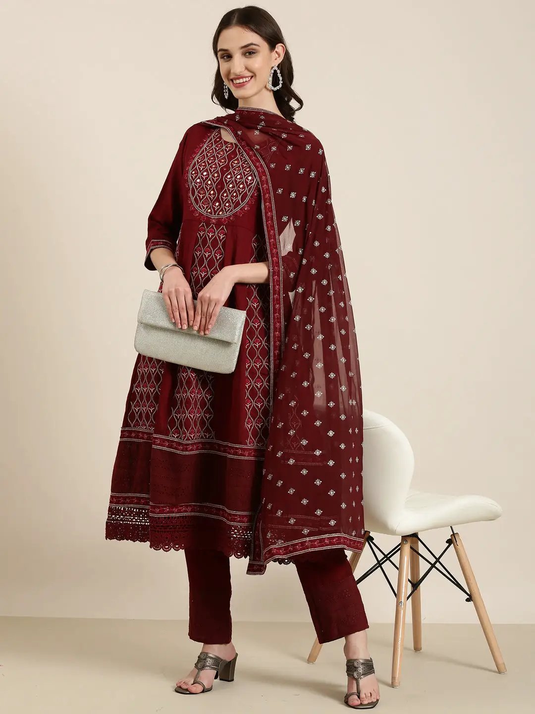 Women's Maroon Floral Kurta Set