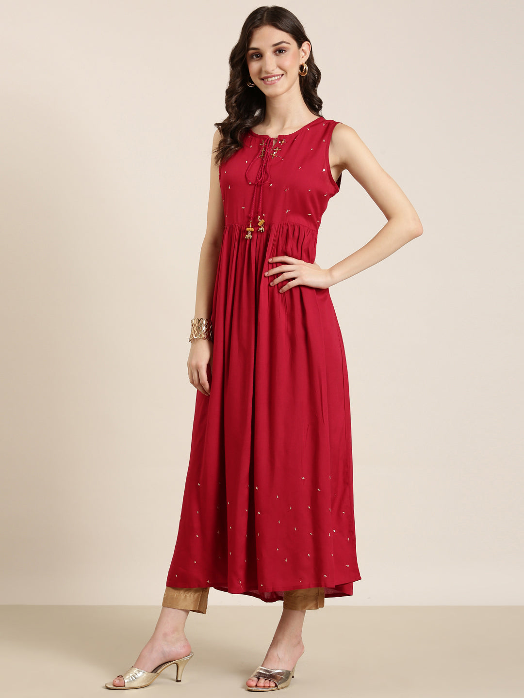 Women's Fuchsia Embellished Sequinned Anarkali Kurta With Shrug