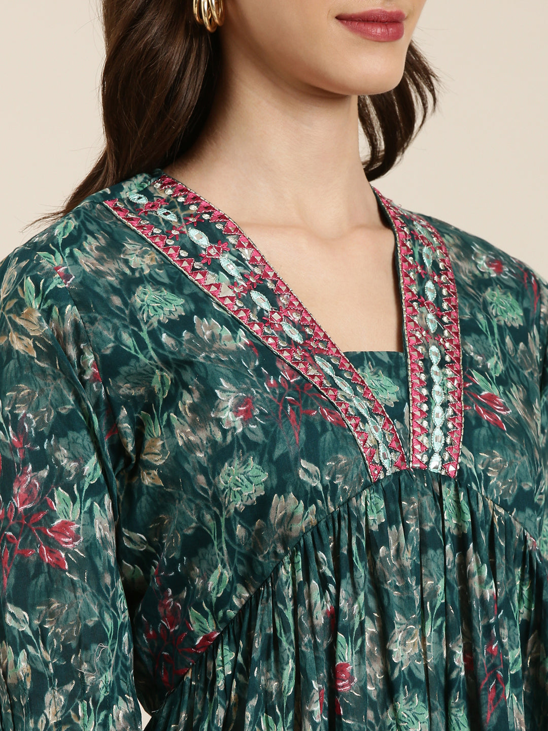 Women Teal Floral Kurta Set