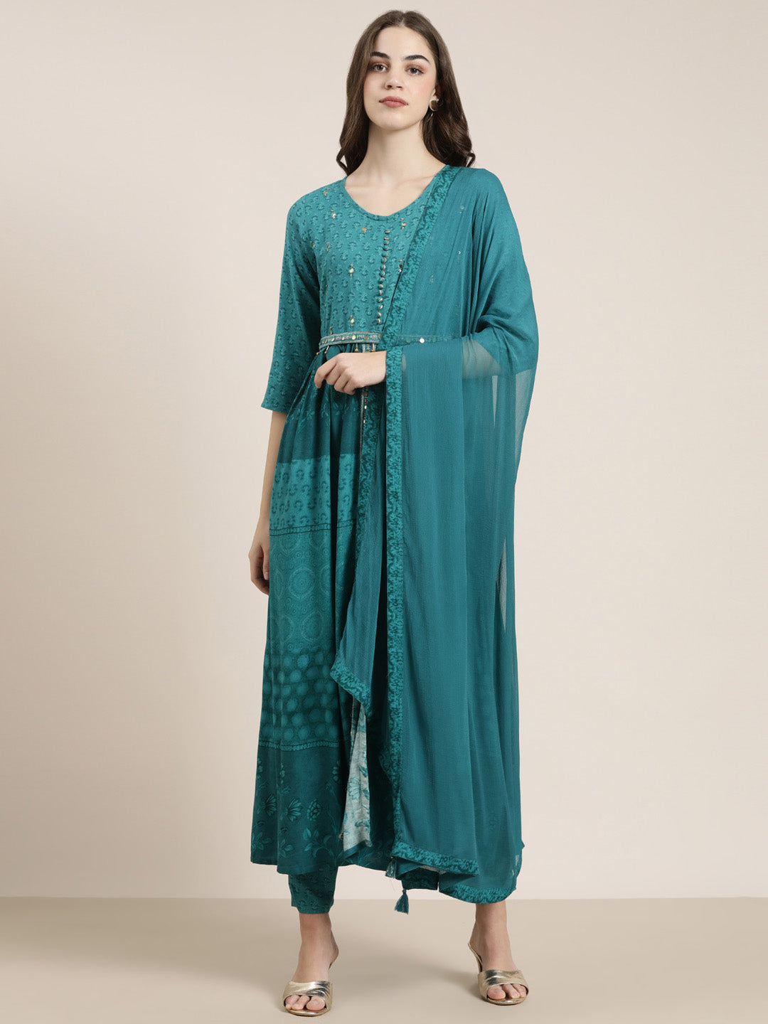 Women Teal Floral Kurta Set