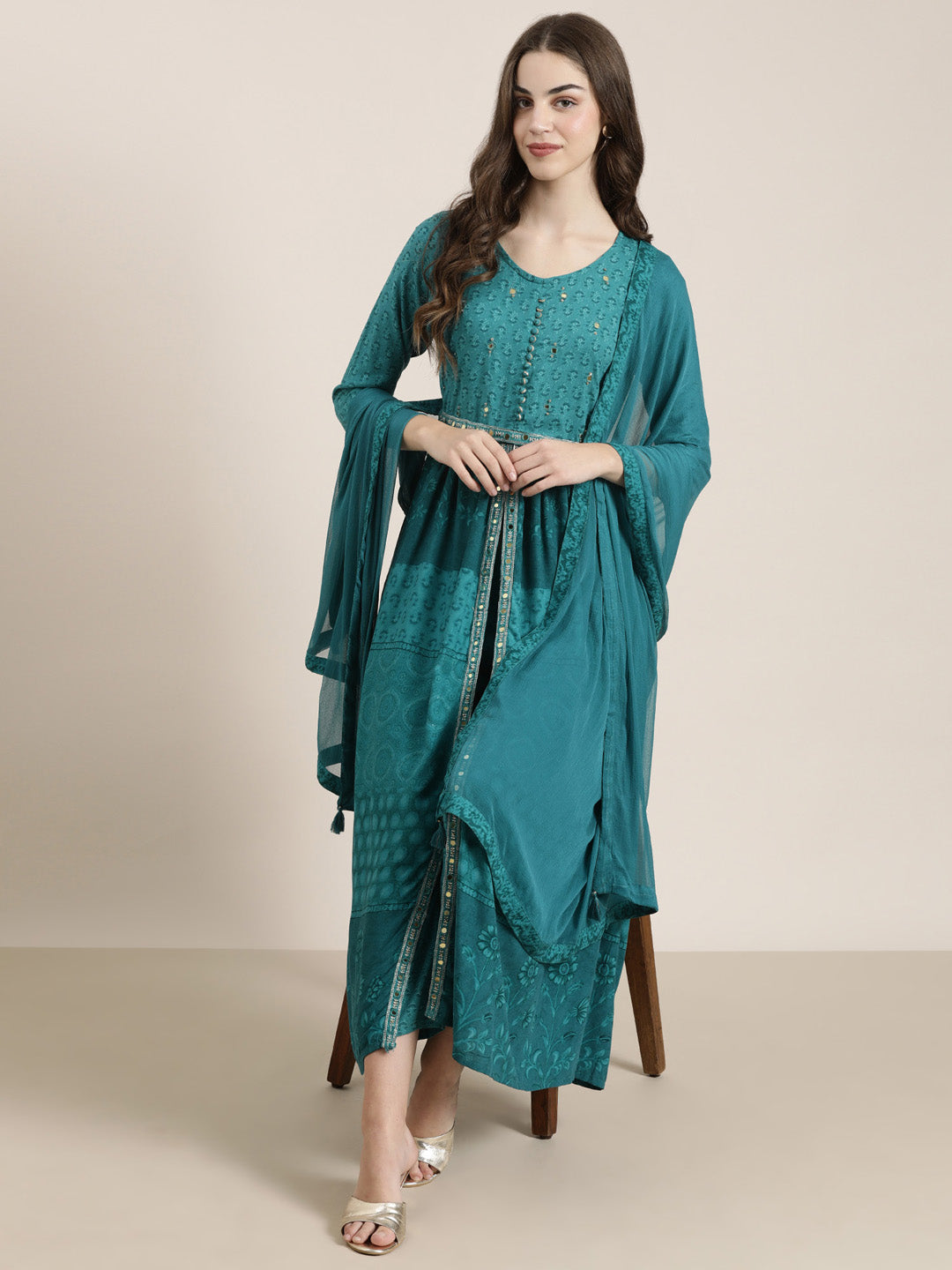 Women Teal Floral Kurta Set