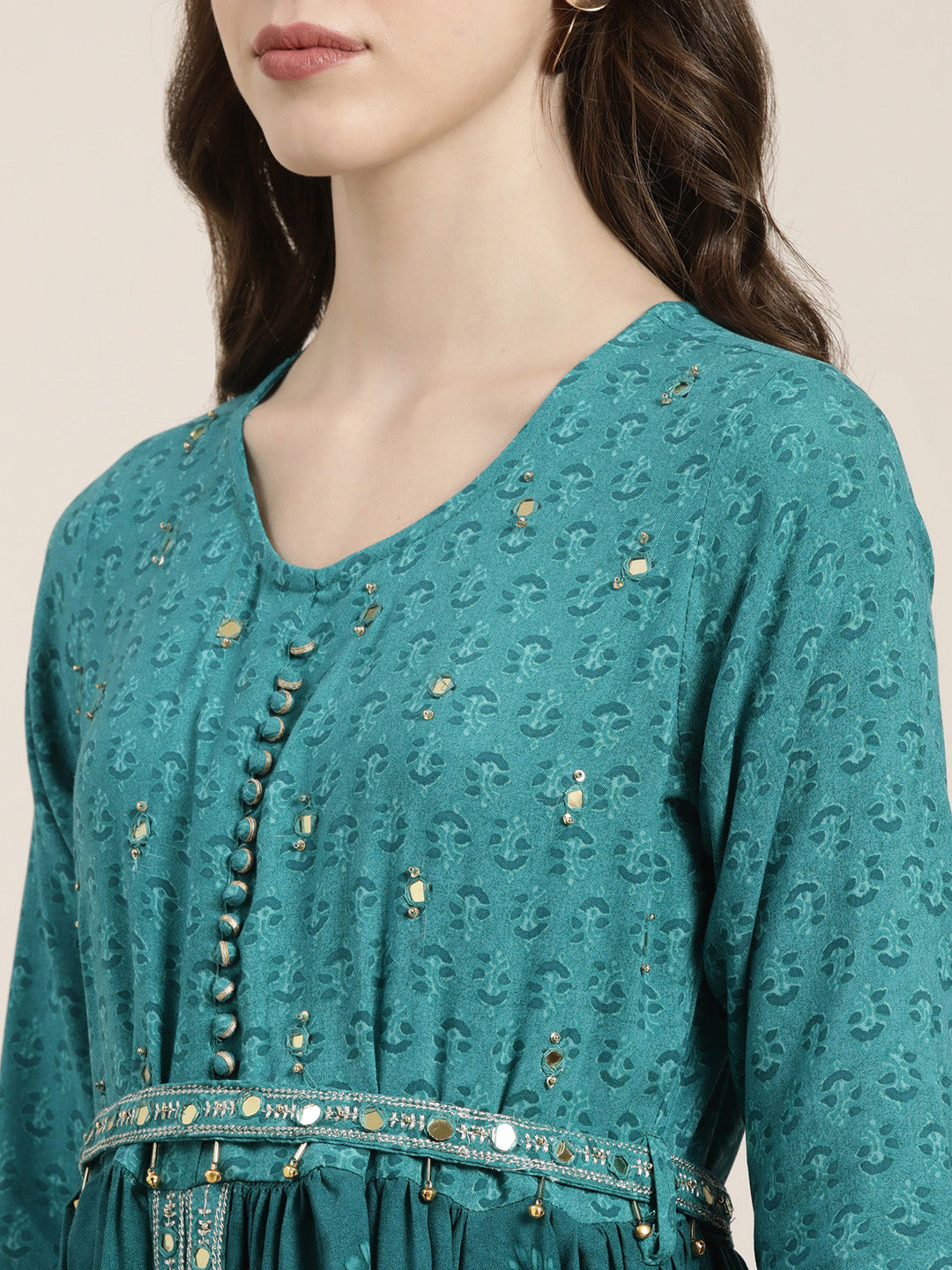 Women Teal Floral Kurta Set