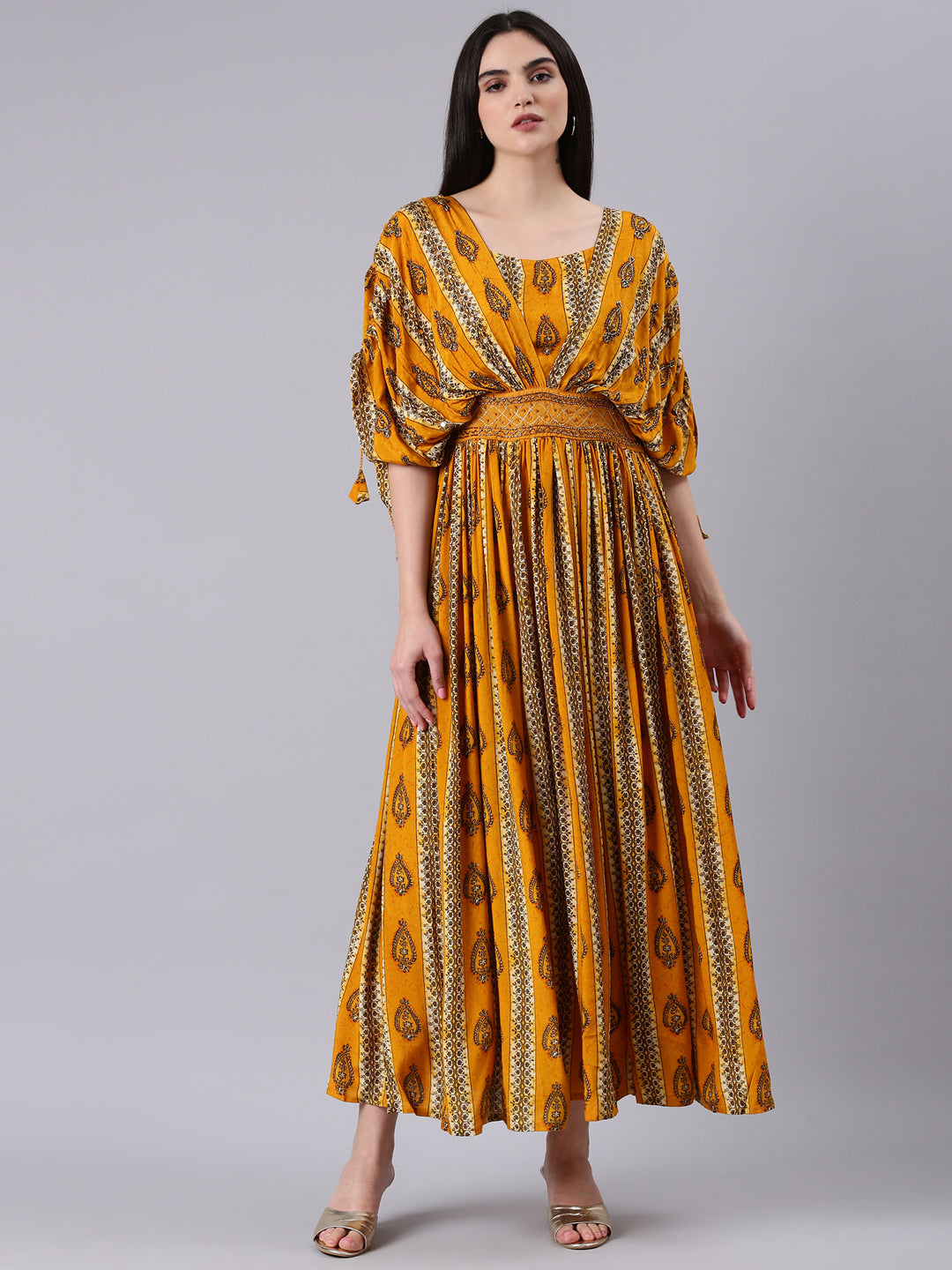 Shop Women's Mustard Ethnic Motifs Printed Kimono Sleeves Fit & Flare Dress | Showoffff Shop Women's Mustard Ethnic Motifs Printed Kimono Sleeves Fit & Flare Dress | Showoffff