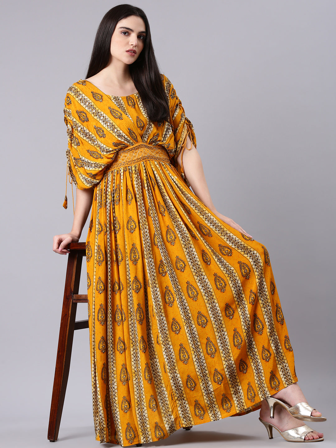 Women Mustard Printed Fit and Flare Dress