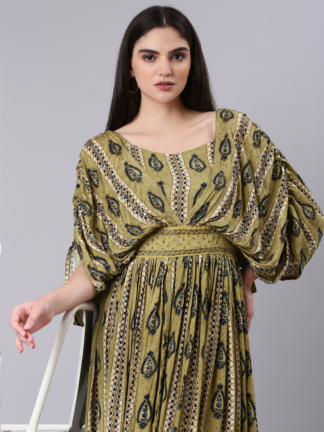 Women Olive Printed Fit and Flare Dress