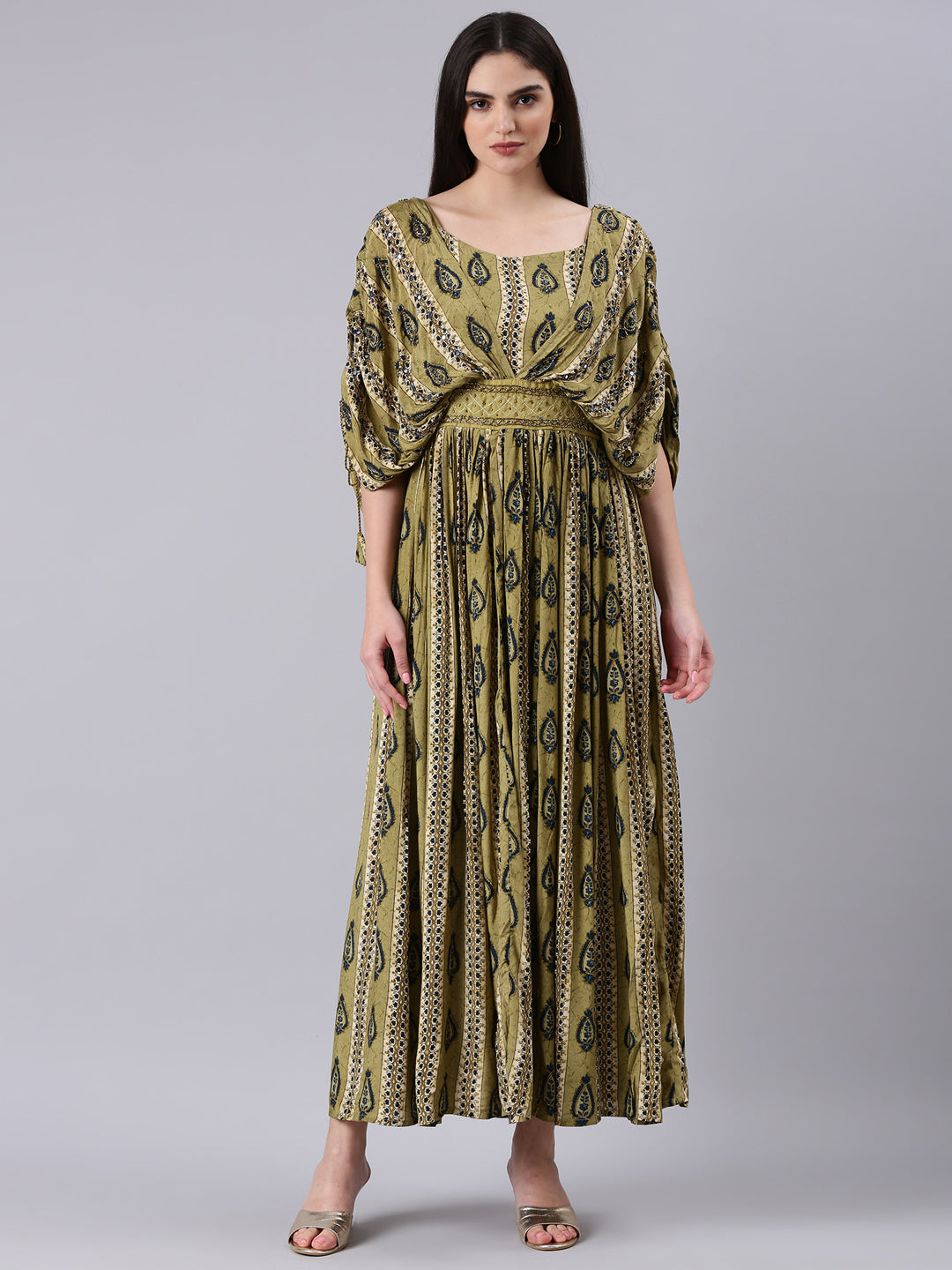 Women Olive Printed Fit and Flare Dress