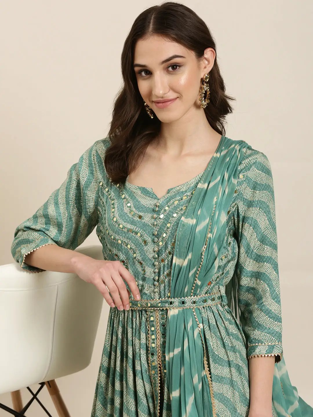 Women's Sea Green Leheriya Printed Mirror Work A-Line Kurta Set With Dupatta