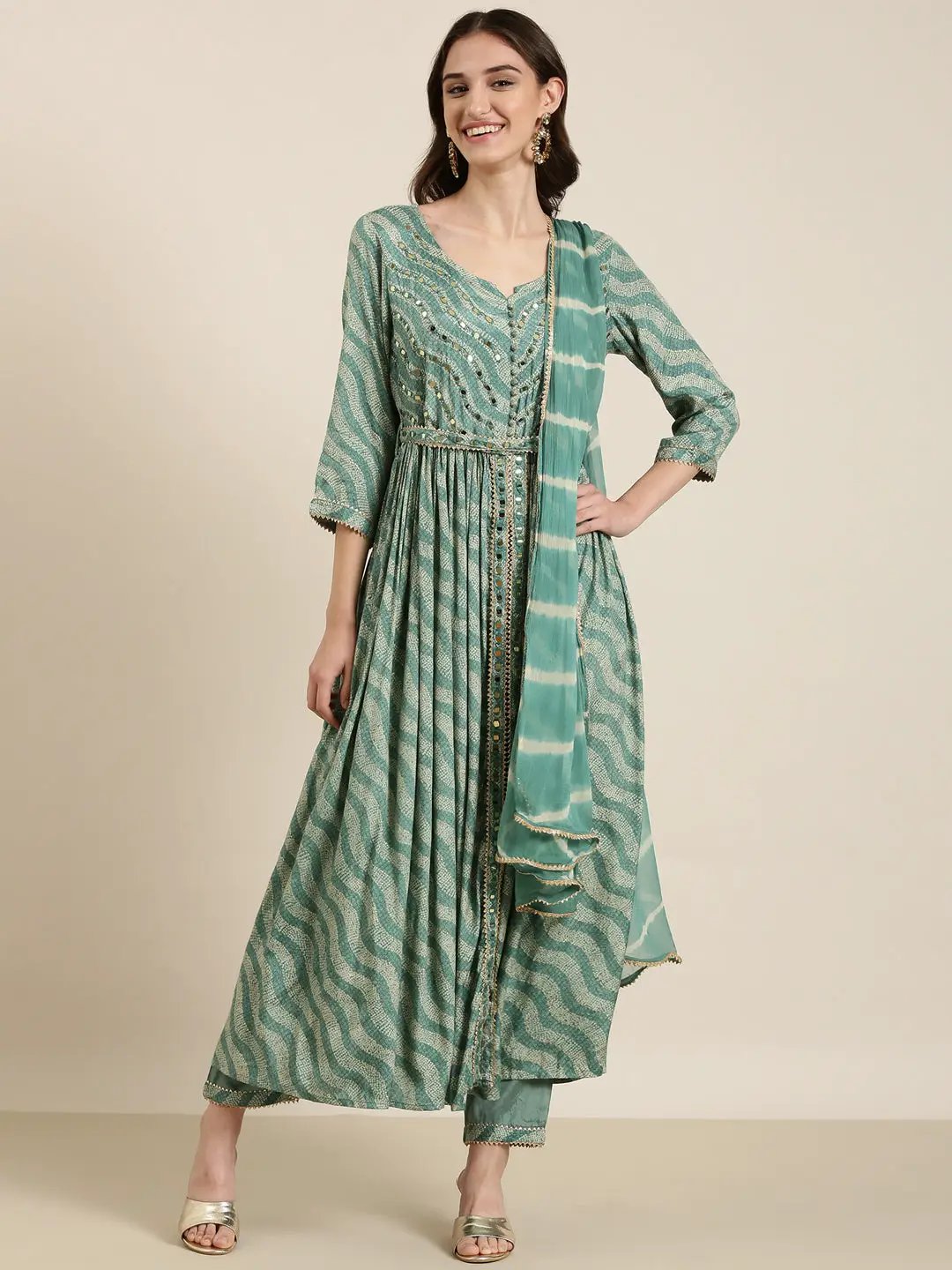 Women's Sea Green Leheriya Printed Mirror Work A-Line Kurta Set With Dupatta
