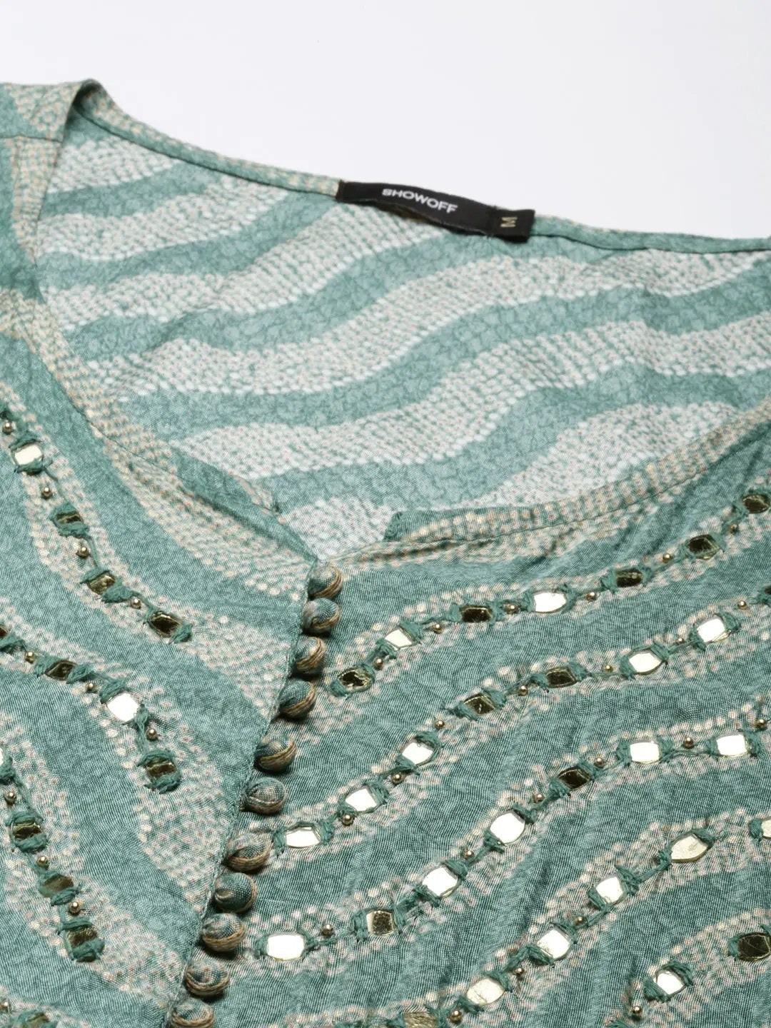 Women's Sea Green Leheriya Printed Mirror Work A-Line Kurta Set With Dupatta