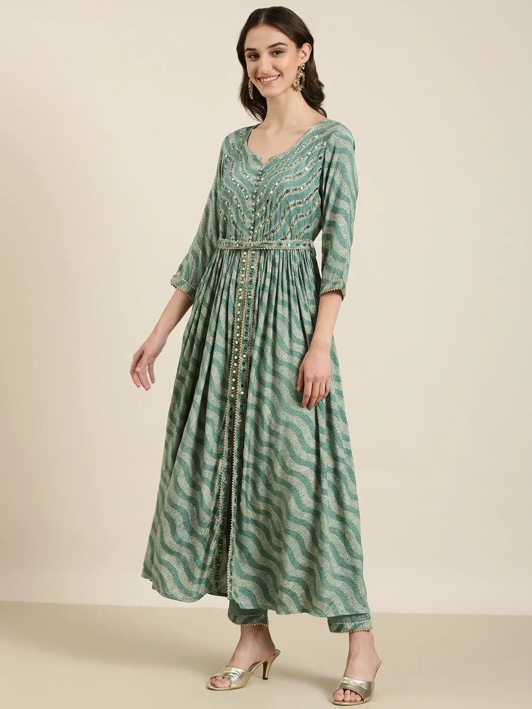 Women's Sea Green Leheriya Printed Mirror Work A-Line Kurta Set With Dupatta