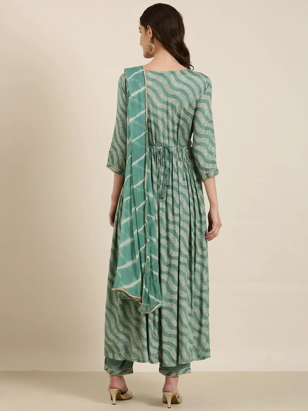 Women's Sea Green Leheriya Printed Mirror Work A-Line Kurta Set With Dupatta