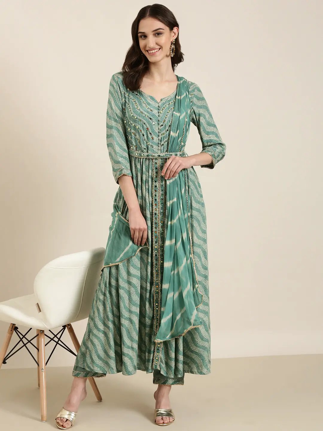 Women's Sea Green Leheriya Printed Mirror Work A-Line Kurta Set With Dupatta