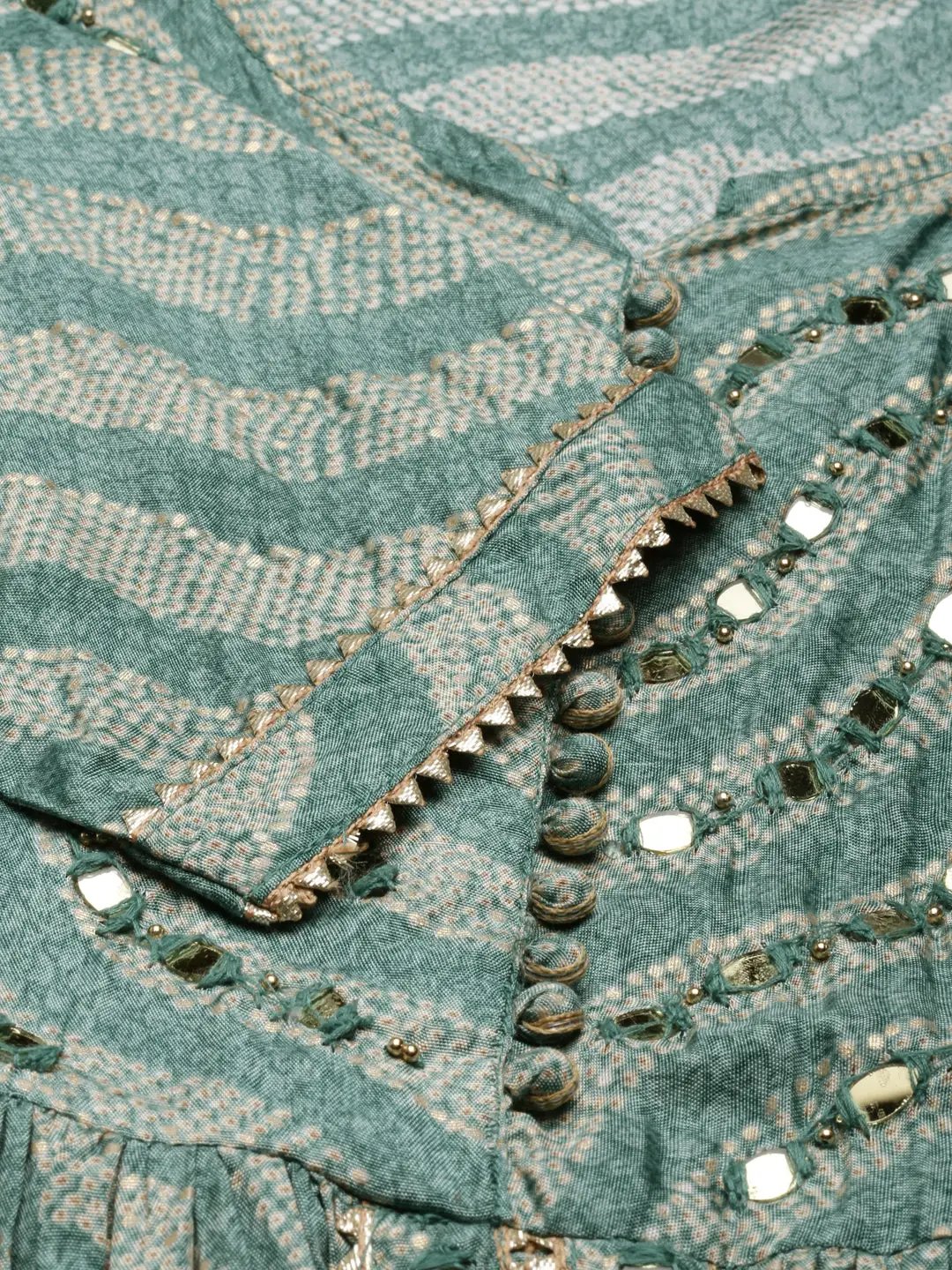 Women's Sea Green Leheriya Printed Mirror Work A-Line Kurta Set With Dupatta