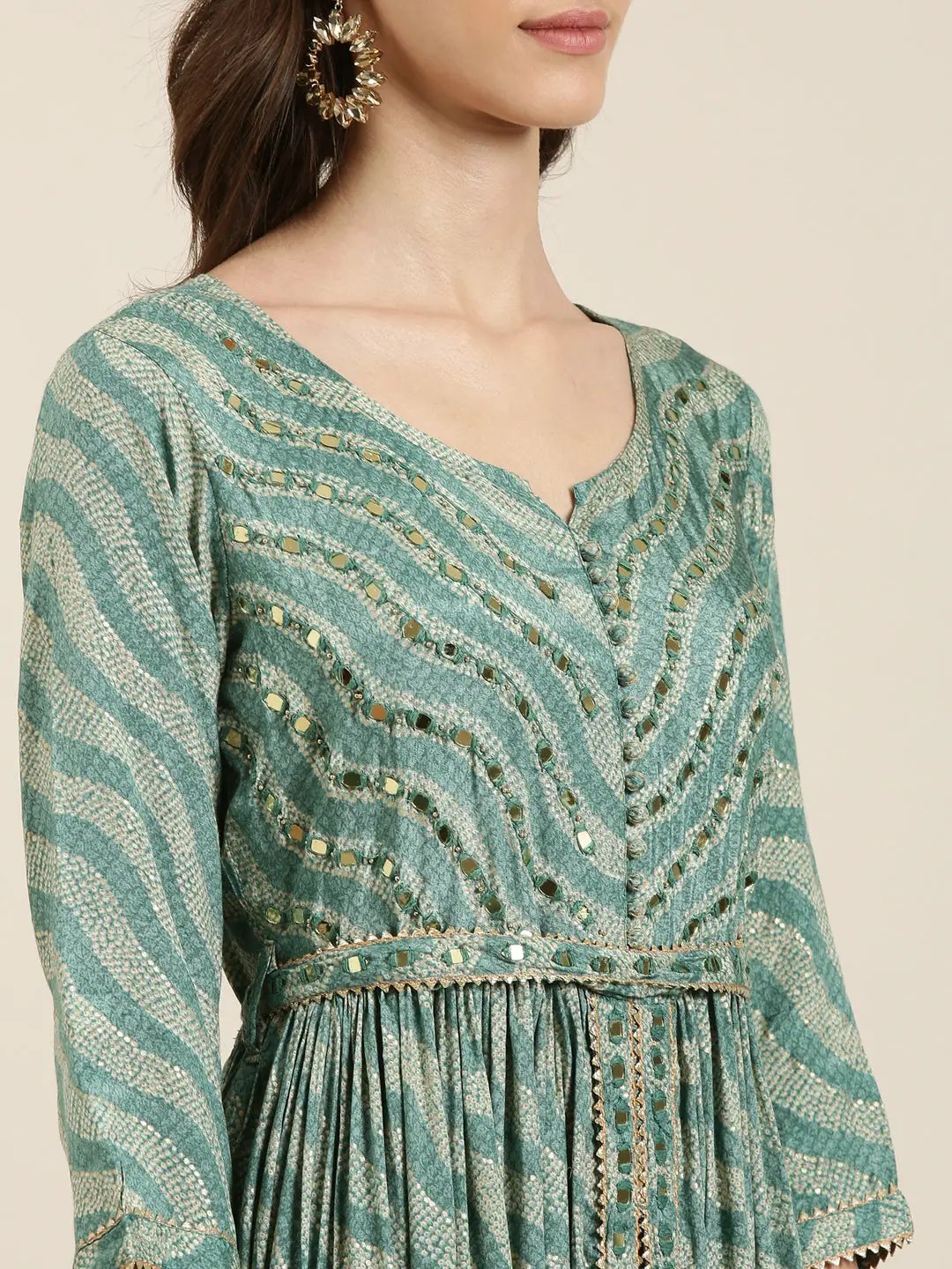 Women's Sea Green Leheriya Printed Mirror Work A-Line Kurta Set With Dupatta