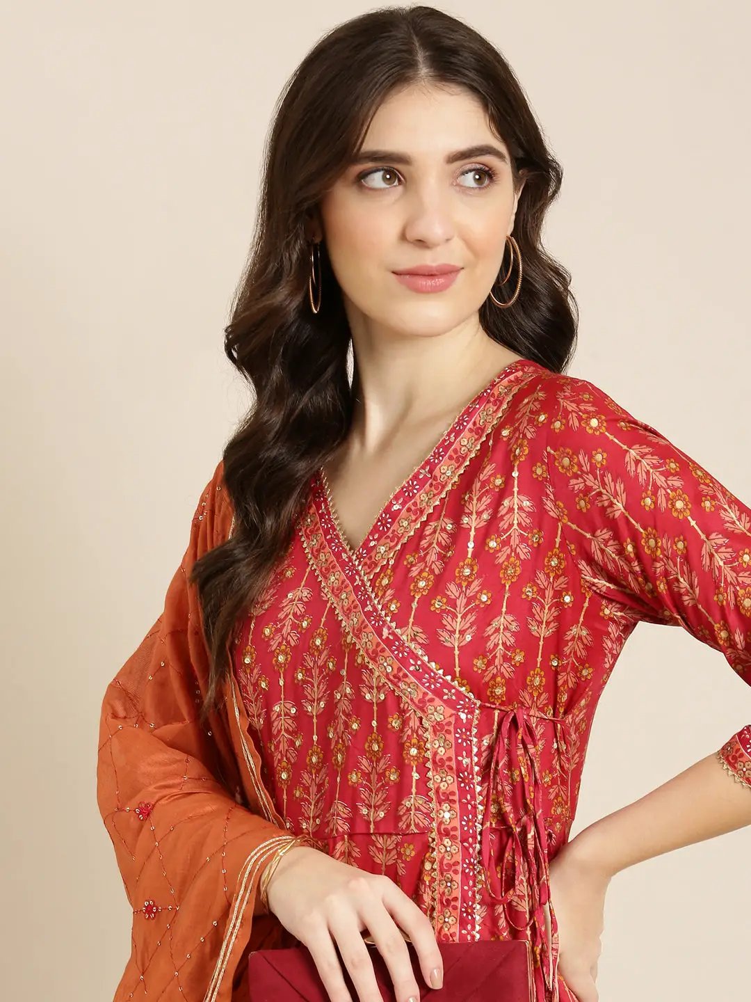 Women's Maroon Floral Kurta Set