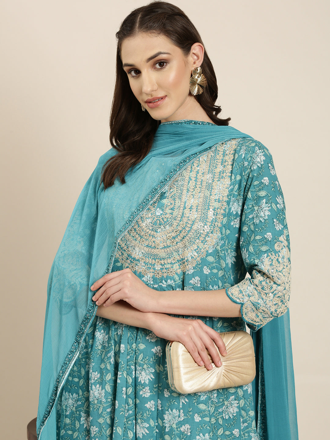 Women's Turquoise Blue Floral Printed Kurta Set with Dupatta