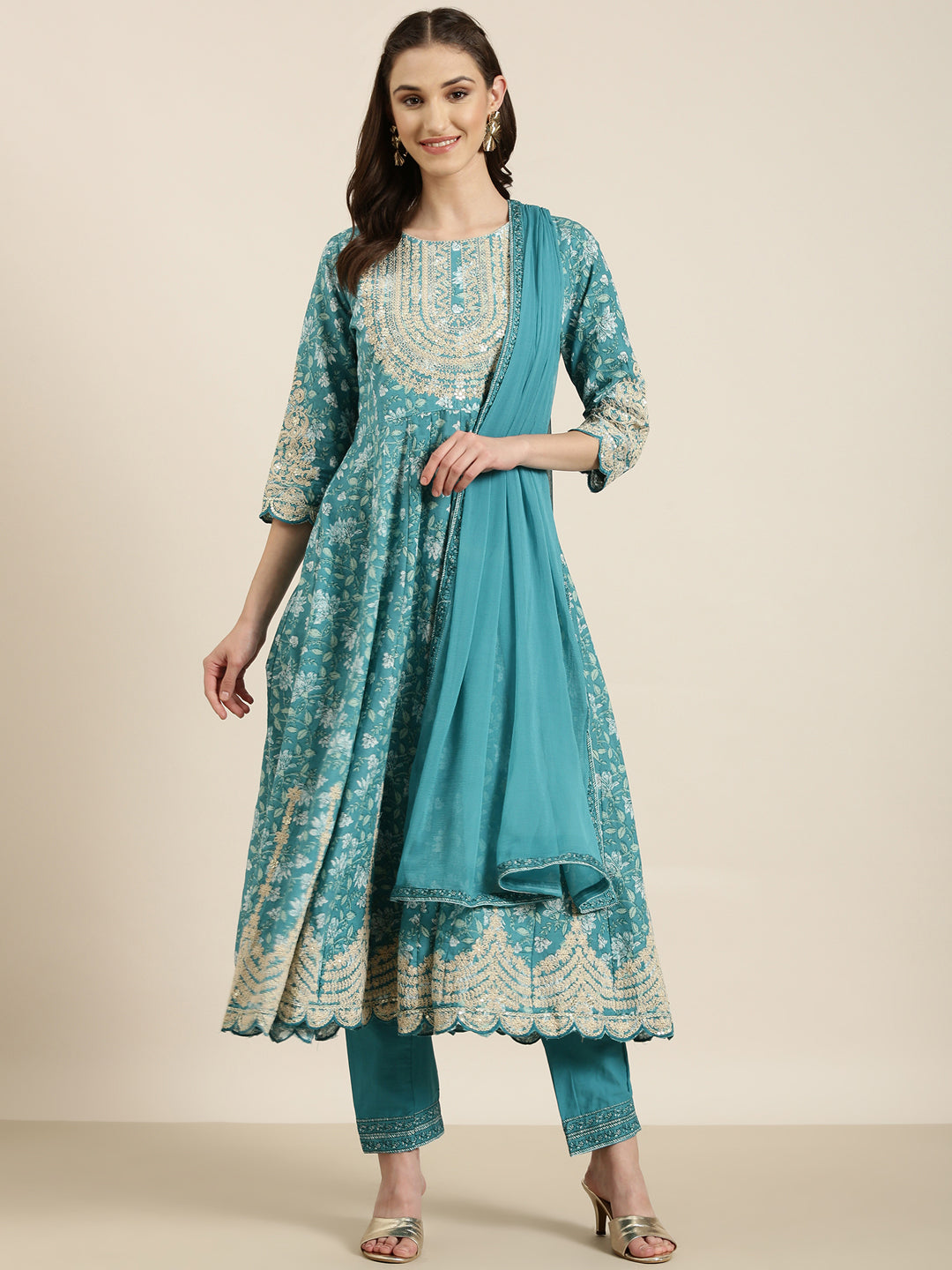 Women's Turquoise Blue Floral Printed Kurta Set with Dupatta