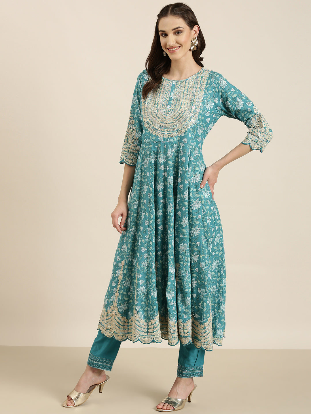 Women's Turquoise Blue Floral Printed Kurta Set with Dupatta