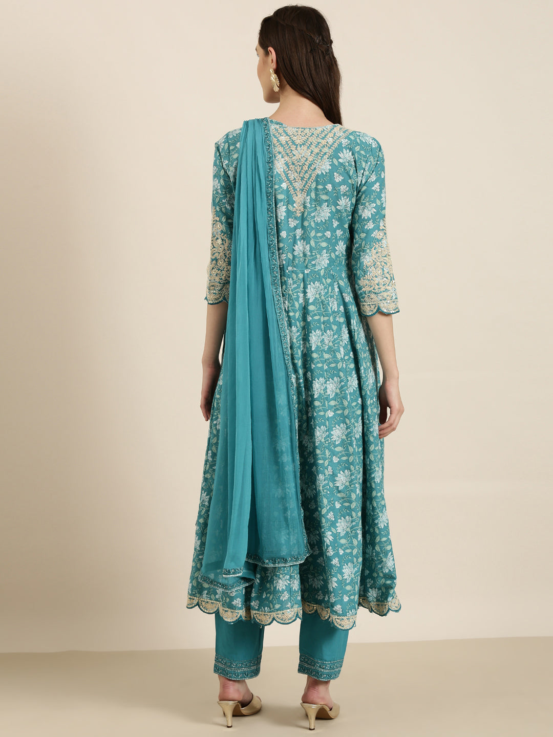 Women's Turquoise Blue Floral Printed Kurta Set with Dupatta