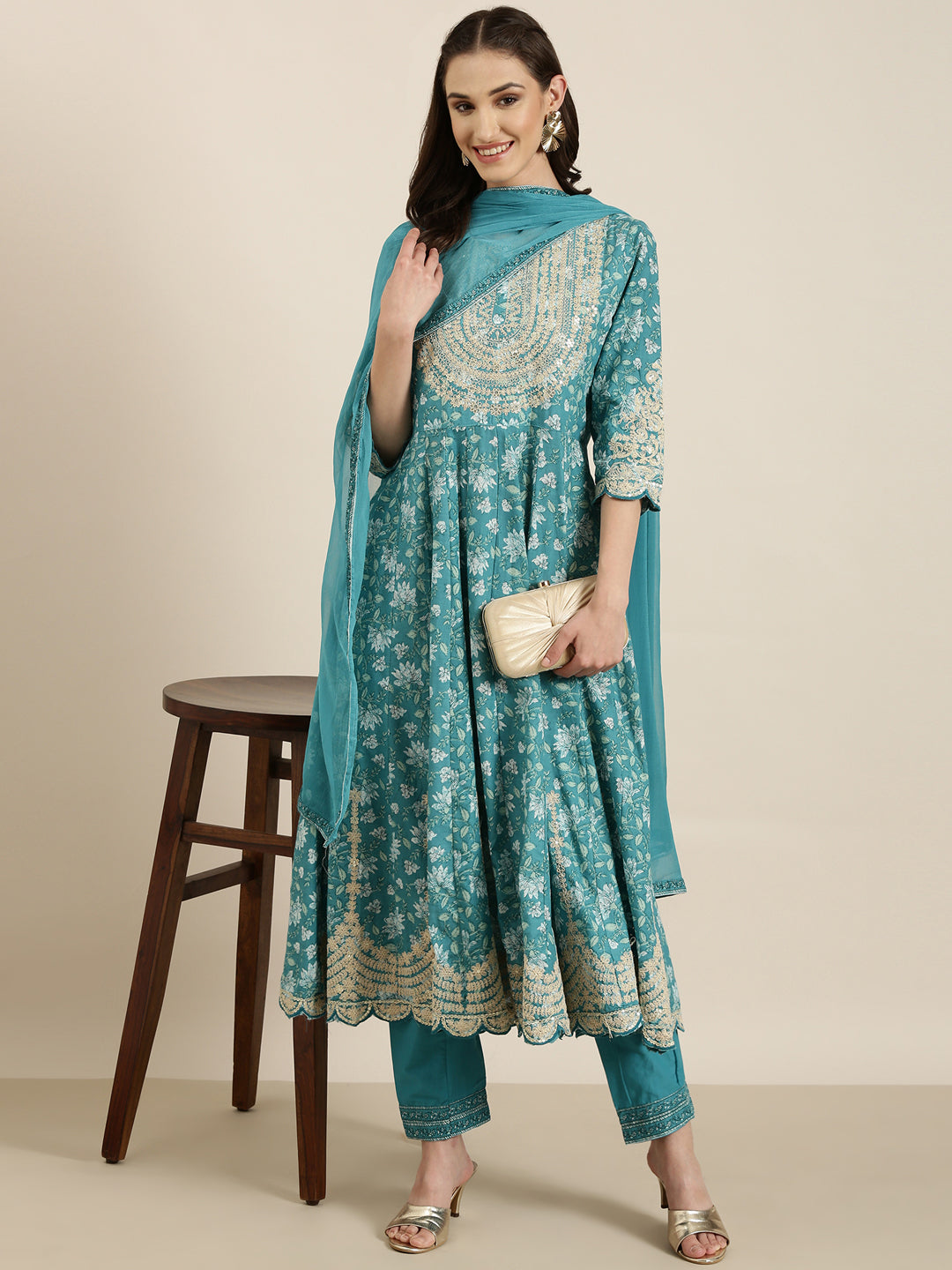 Women's Turquoise Blue Floral Printed Kurta Set with Dupatta